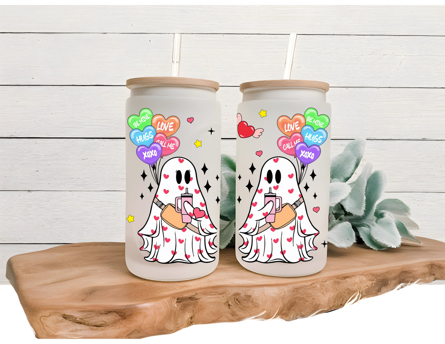 16 OZ MATTE GLASS CAN VALENTINE GHOSTS