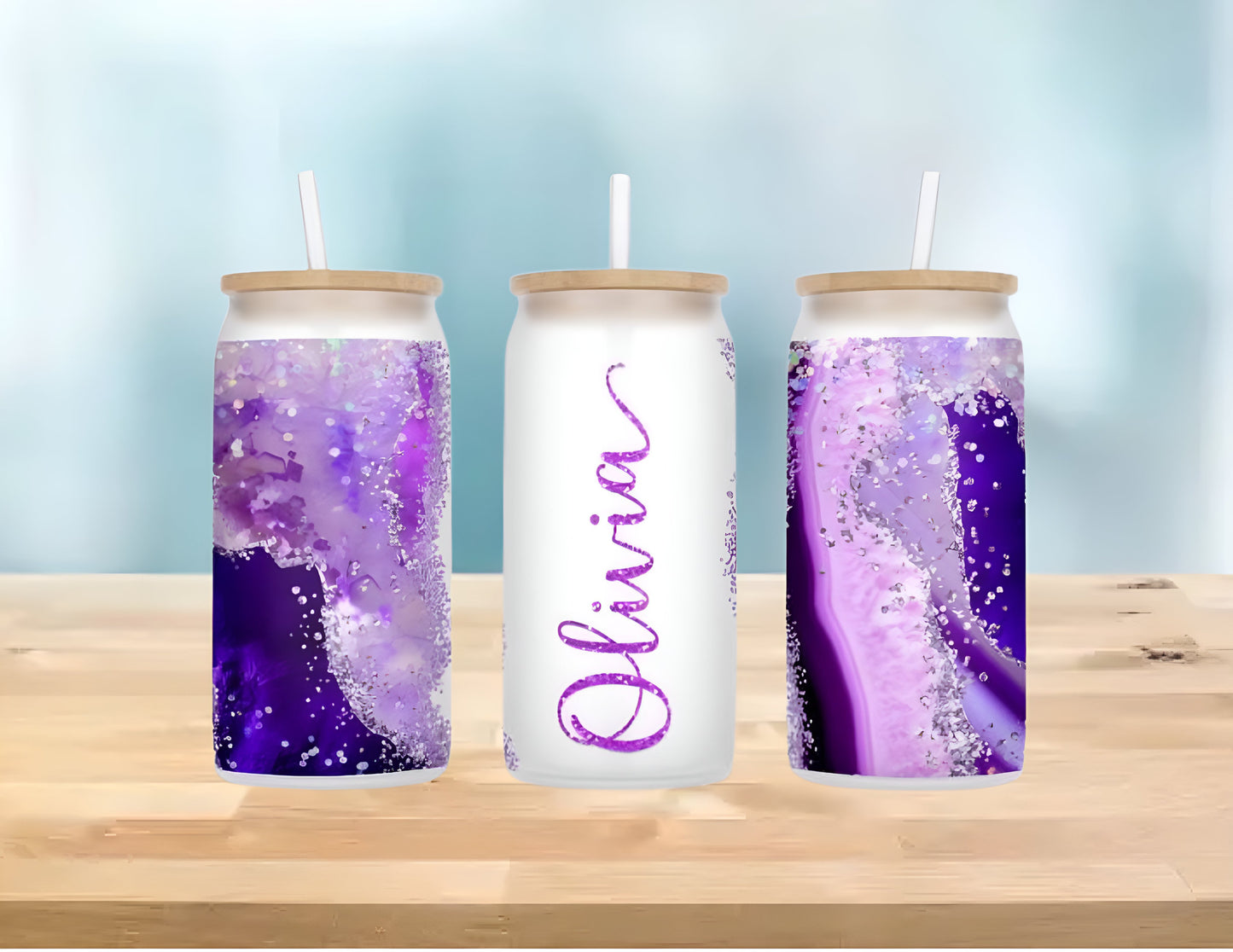 16 OZ MATTE GLASS CAN PURPLE MARLE PERSONALIZED