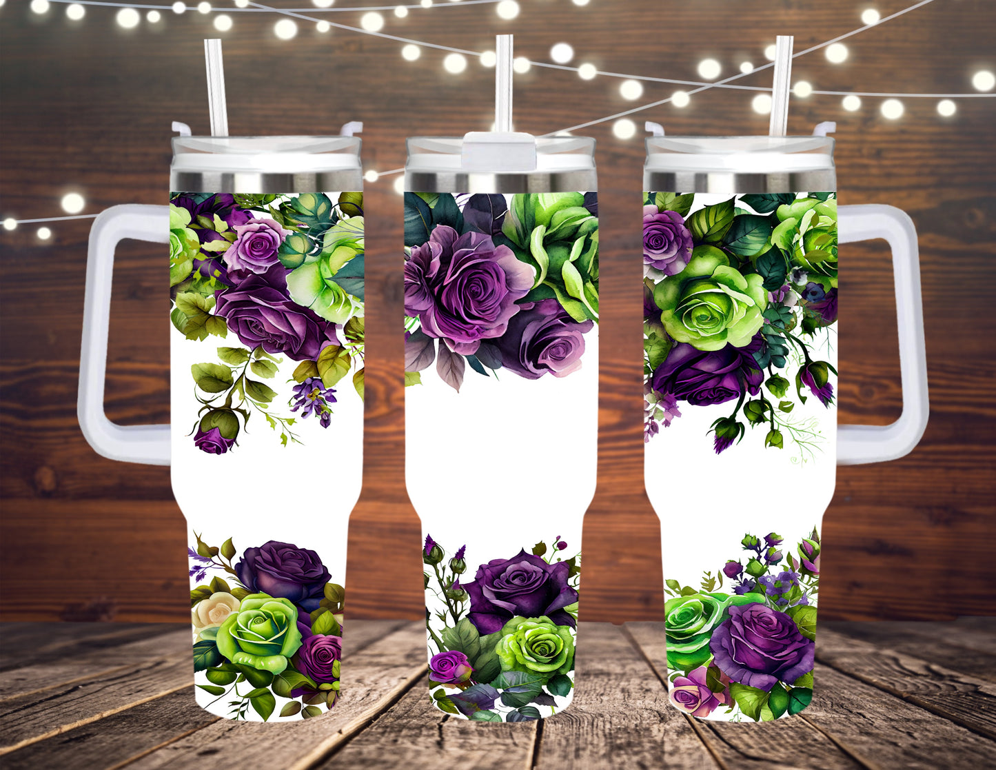 40 OZ TUMBLER WITH HANDLE ROSES GREEN AND PURPLE