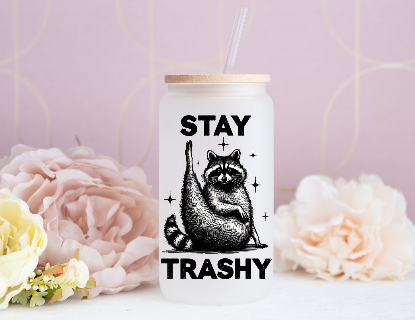 16 OZ MATTE GLASS CAN STAY TRASHY RACCOON