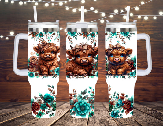 40 OZ TUMBLER WITH HANDLE FLORAL HIGHLAND COW