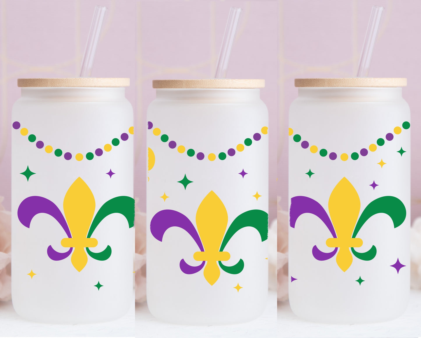 16 OZ MATTE GLASS CAN MARDI GRAS FLEUR DE LIS