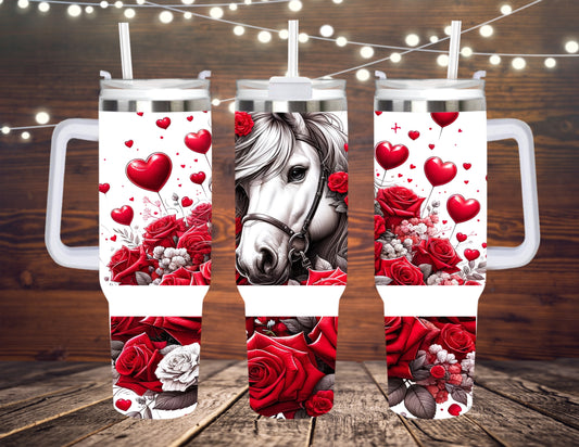 40 OZ TUMBLER WITH HANDLE VALENTINE HEARTS ROSES HORSE