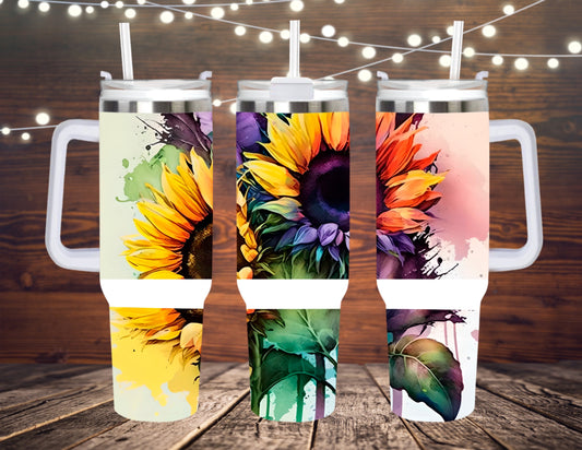 40 OZ TUMBLER WITH HANDLE WATERCOLOR SUNFLOWERS