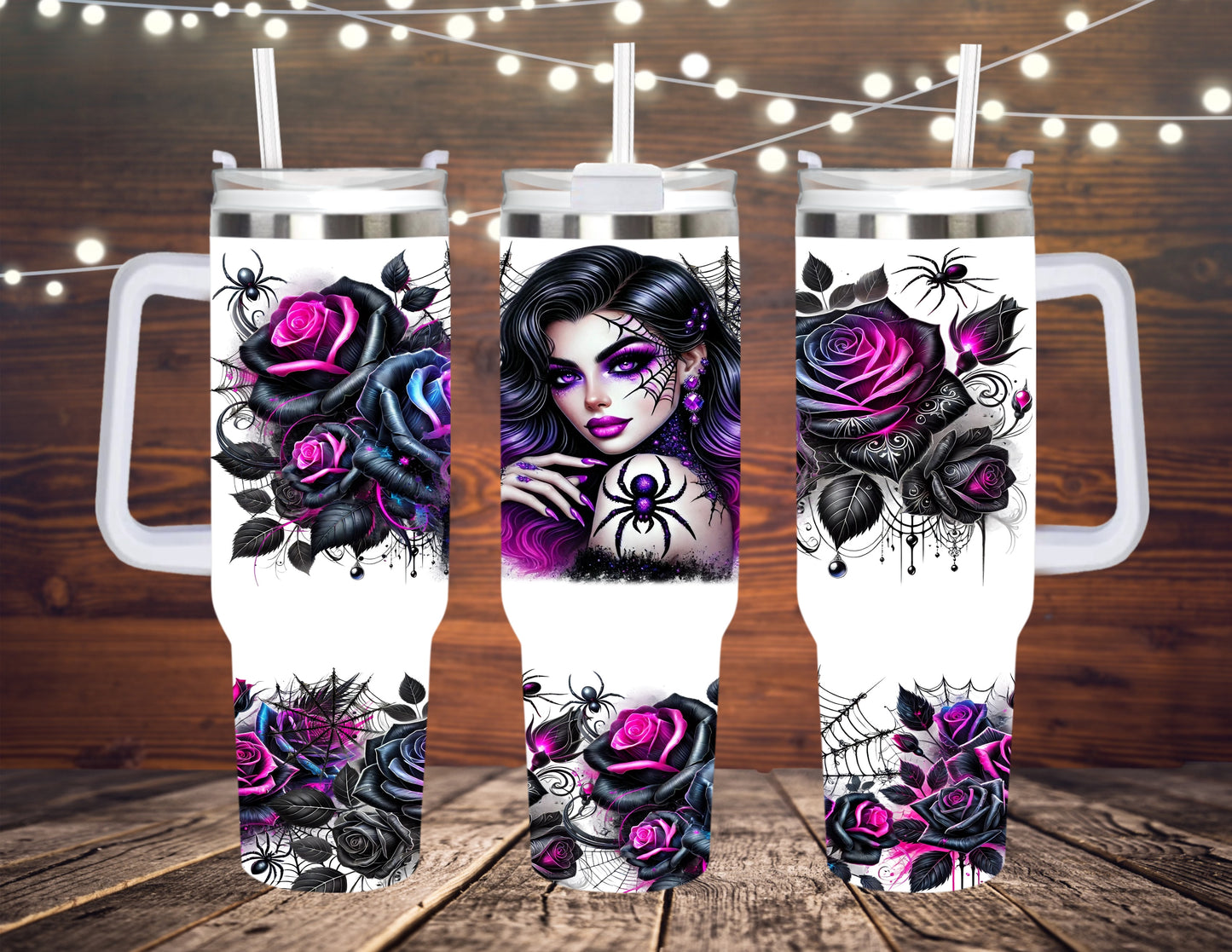 40 OZ TUMBLER WITH HANDLE BEAUTIFUL GOTH GIRL FLORAL