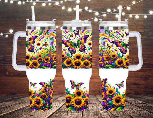 40 OZ TUMBLER WITH HANDLE MARDI GRAS BUTTERFLIES