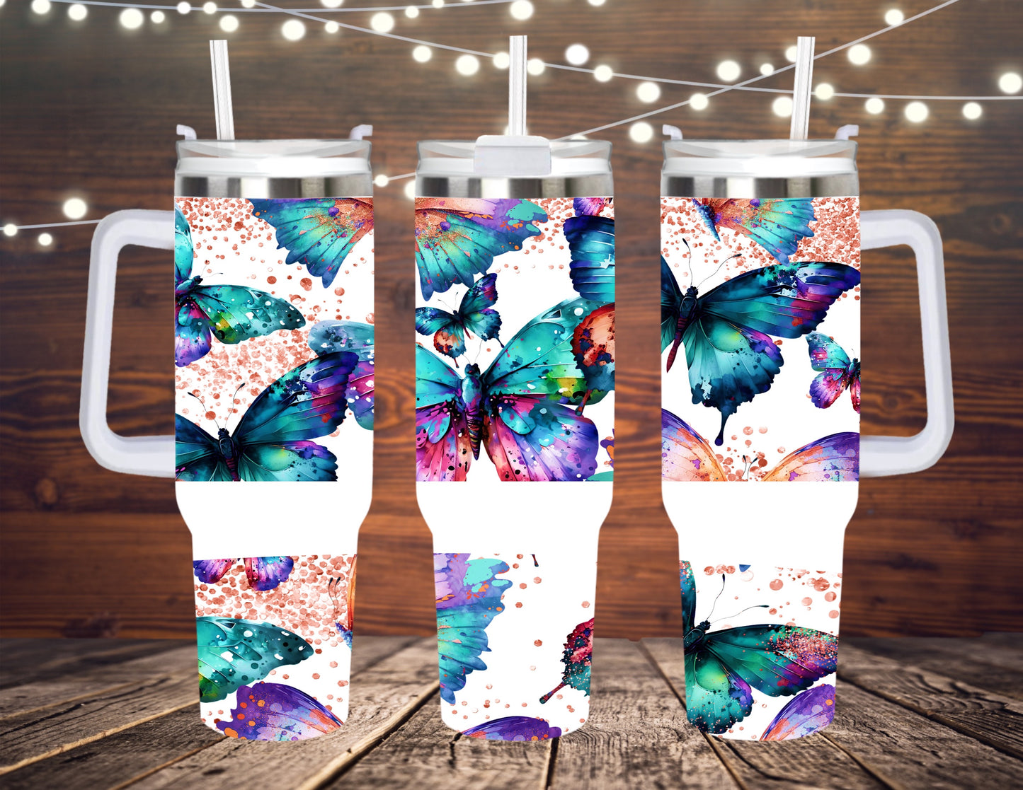 40 OZ TUMBLER WITH HANDLE WATERCOLOR BUTTERFLIES