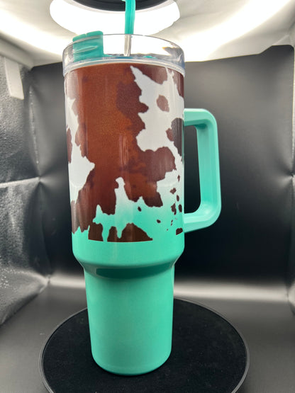 40 OZ TUMBLER WITH HANDLE COW PRINT OMBRE HOLOGRAPHIC