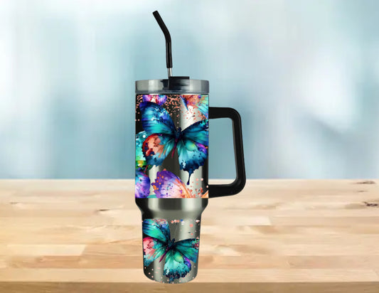 40 OZ TUMBLER WITH HANDLE BUTTERFLIES ON SILVER