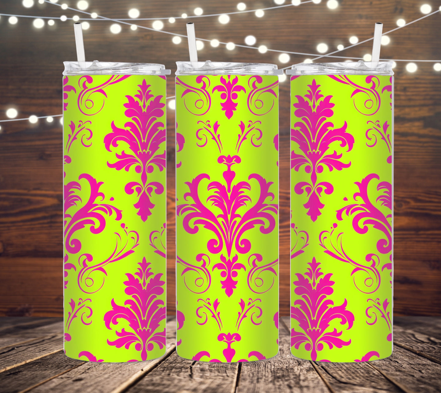 20 OZ SKINNY TUMBLER NEON YELLOW PINK DAMASK