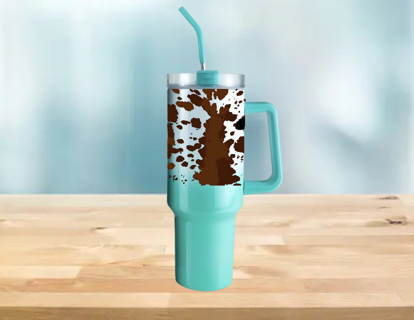 40 OZ TUMBLER WITH HANDLE COW PRINT OMBRE HOLOGRAPHIC