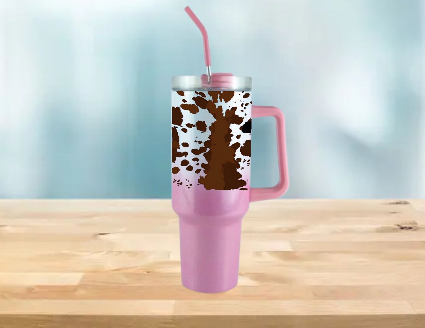 40 OZ TUMBLER WITH HANDLE COW PRINT OMBRE HOLOGRAPHIC